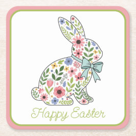 Posavasos Cuadrado De Papel Conejo de Pascua de flores silvestres rosadas y az