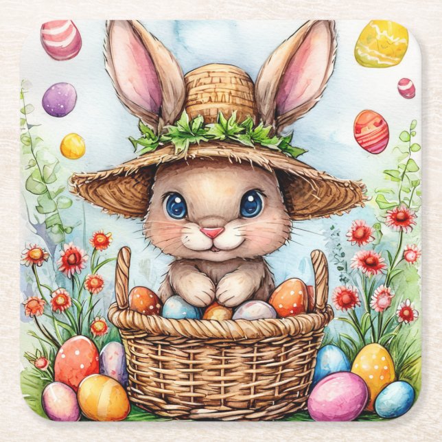 Posavasos Cuadrado De Papel Conejo de Pascua en un gorra en una canasta (Anverso)