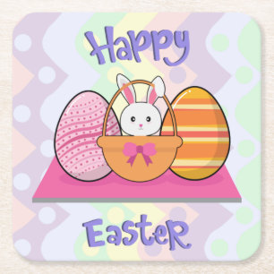 Posavasos Cuadrado De Papel Conejo de Pascua Feliz Cesta de Huevos Cute Pascua