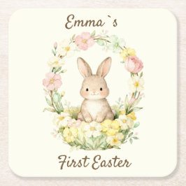Posavasos Cuadrado De Papel Conejo de Pascua Floral Corona Mi Primera Pascua V