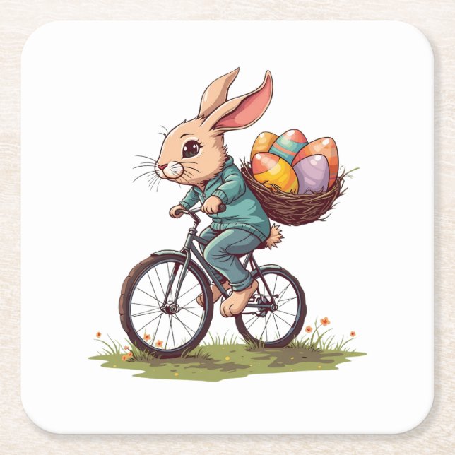 Posavasos Cuadrado De Papel Conejo de Pascua montando una bicicleta con una ce (Anverso)