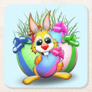 Posavasos Cuadrado De Papel Conejo divertido mordiendo un huevo de Pascua