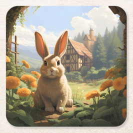 Posavasos Cuadrado De Papel Conejo Entre Las Marigoldes