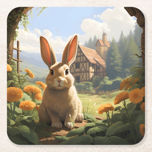 Posavasos Cuadrado De Papel Conejo Entre Las Marigoldes (Anverso)
