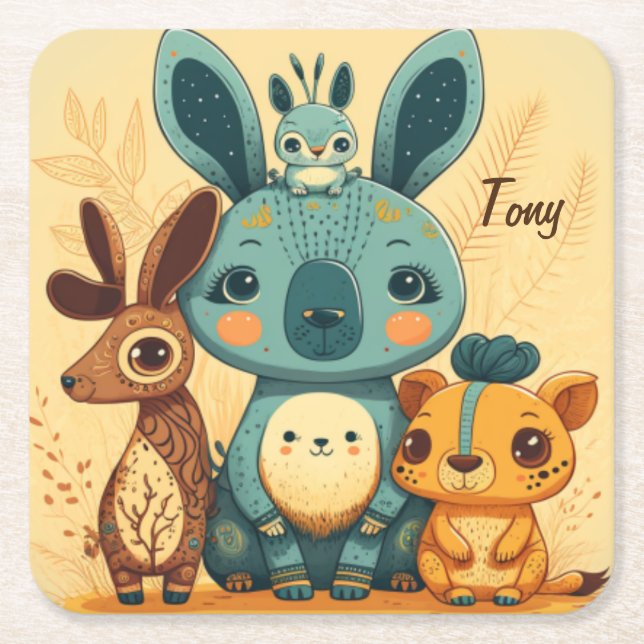 Posavasos Cuadrado De Papel Conejo floral cute boho (Anverso)