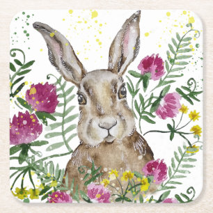 Posavasos Cuadrado De Papel Conejo lindo en flores acuarelas