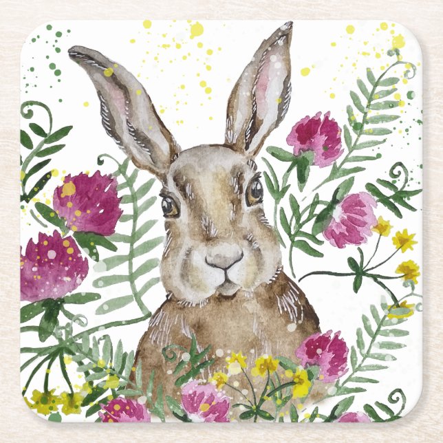 Posavasos Cuadrado De Papel Conejo lindo en flores acuarelas (Anverso)