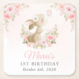 Posavasos Cuadrado De Papel Conejo, Mariposa, Flores Rosadas, Primer Cumpleaño