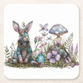 Posavasos Cuadrado De Papel Conejo místico con hongos