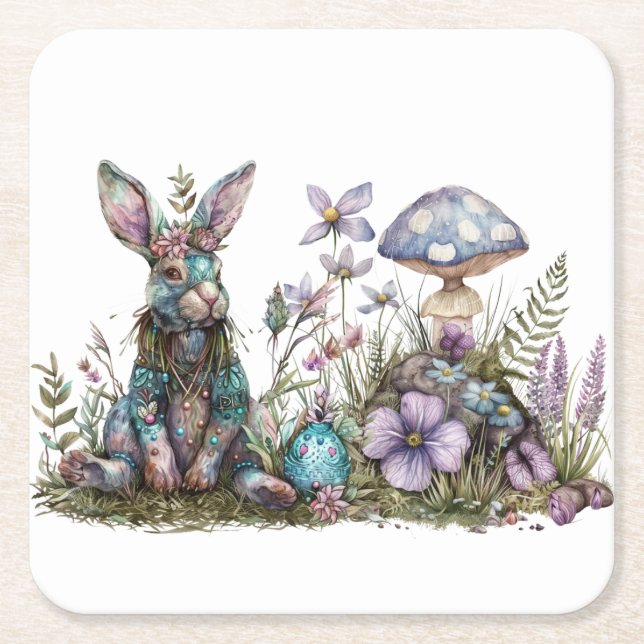 Posavasos Cuadrado De Papel Conejo místico con hongos (Anverso)