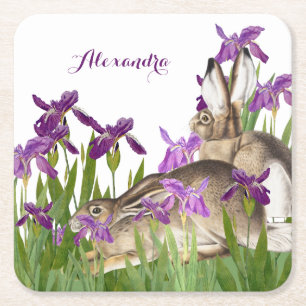 Posavasos Cuadrado De Papel Conejo personalizado flor de lirio morado