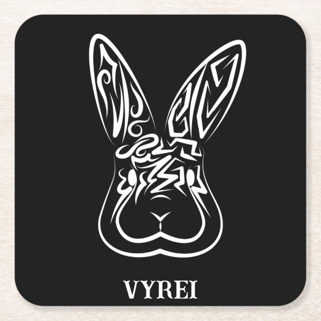 Posavasos Cuadrado De Papel Conejo tribal blanco y negro (Anverso)