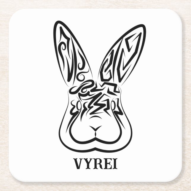 Posavasos Cuadrado De Papel Conejo tribal blanco y negro (Anverso)