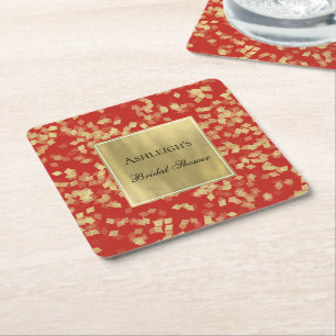 Posavasos Cuadrado De Papel Confeti Glam de Oro Rojo