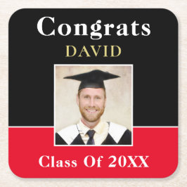 Posavasos Cuadrado De Papel Congráz Nombre Foto Grad Oro Rojo Negro Informal