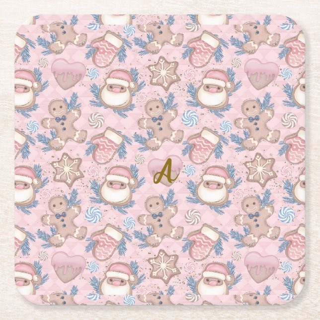 Posavasos Cuadrado De Papel cookies de Navidades rosas personalizadas (Anverso)