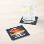 Posavasos Cuadrado De Papel Cool Custom Sunrise Palm Trees Beach Party Blue<br><div class="desc">These cool sunrise beach party paper coasters feature your personalized group name for a family reunion or trip to the island of Maui Hawaii. Cute personalized decor with an orange sun over the blue ocean waters of your cruise or coastal destination.</div>
