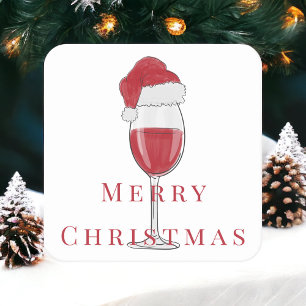 Posavasos Cuadrado De Papel Copa de vino con sombrero de Santa Navidad alegre