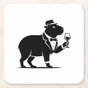 Posavasos Cuadrado De Papel Copa de vino divertida de capybara minimalista mod