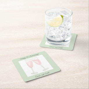 Posavasos Cuadrado De Papel Copas de champán llenas de vino rosado acuarela