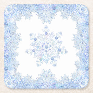 Posavasos Cuadrado De Papel Copo de nieve azul