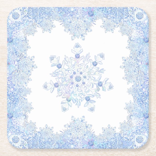 Posavasos Cuadrado De Papel Copo de nieve azul (Anverso)