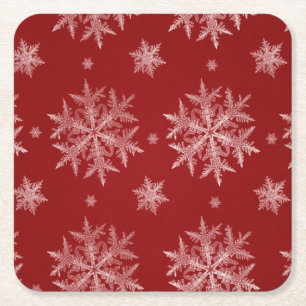 Posavasos Cuadrado De Papel Copo de Nieve Rojo Fiesta de Navidad