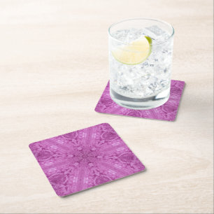 Posavasos Cuadrado De Papel Copo de nieve rosa de color rosa con caleidoscopio