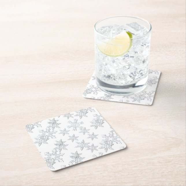 Posavasos Cuadrado De Papel Copos de nieve blanco elegante (In situ)