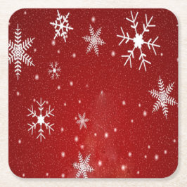 Posavasos Cuadrado De Papel Copos de nieve blancos de fondo rojos