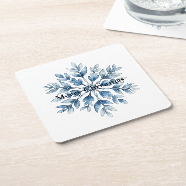Posavasos Cuadrado De Papel Copos de nieve Blue White Winter (En perspectiva)