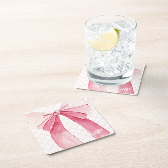 Posavasos Cuadrado De Papel Coqueta de cinta rosada monogramo (In situ)