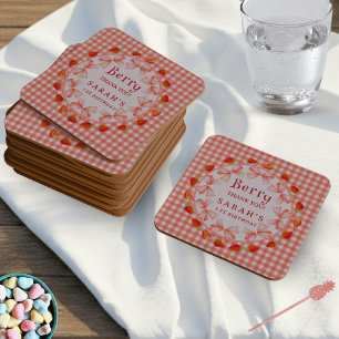 Posavasos Cuadrado De Papel Coquette Berry Primer Cumpleaños Rojo Gingham
