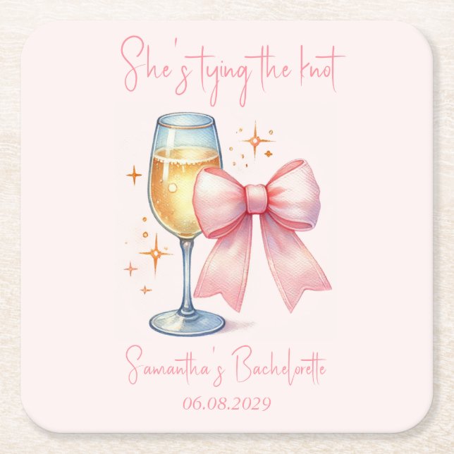 Posavasos Cuadrado De Papel Coquette Pink Bow Bachelorette (Anverso)