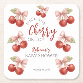 Posavasos Cuadrado De Papel Coquette Pink Bow Red Cherry en Baby Shower superi