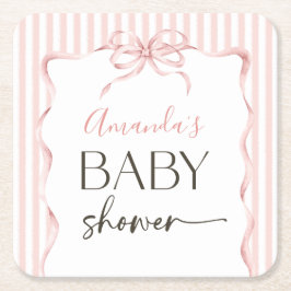 Posavasos Cuadrado De Papel Coquette Pink Bow Wavy Stripe Girl Baby Shower