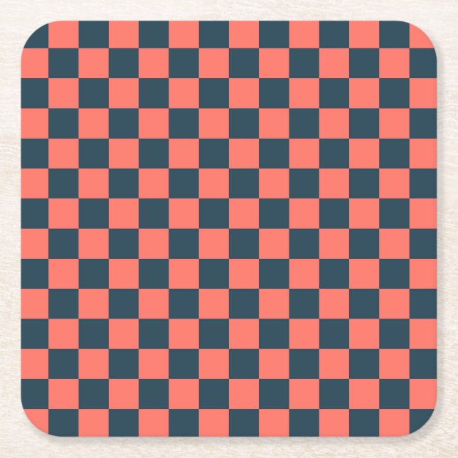 Posavasos Cuadrado De Papel Coral and navy checkerboard pattern (Anverso)
