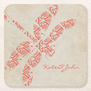 Posavasos Cuadrado De Papel Coral Damask Dragonfly Boda