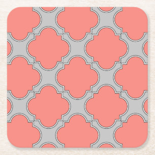 Posavasos Cuadrado De Papel Coral de quatrefoil y gris