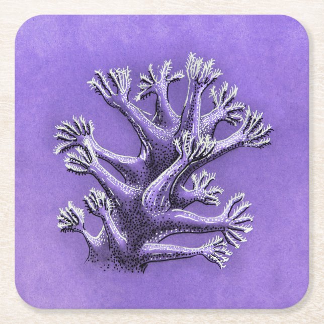 Posavasos Cuadrado De Papel Coral Reef Purple Marine Biology Art (Anverso)