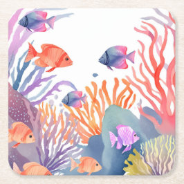 Posavasos Cuadrado De Papel Coral Reef | Watercolor Colorful Fish Ocean