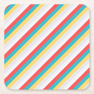 Posavasos Cuadrado De Papel Coral Turquesa Amarillo Rayas Blancas