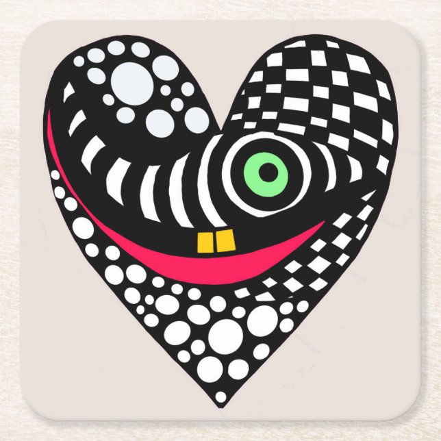 Posavasos Cuadrado De Papel Corazón abstracto en blanco y negro (Anverso)