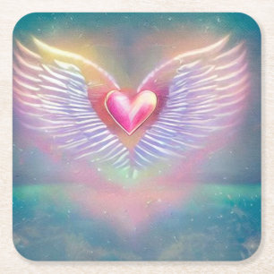 Posavasos Cuadrado De Papel Corazón Alado Arcoíris Pastel