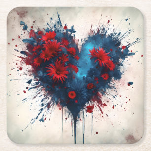 Posavasos Cuadrado De Papel Corazón azul en llamas con flores rojas