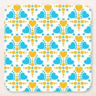 Posavasos Cuadrado De Papel Corazón azul turquesa y naranja, flores