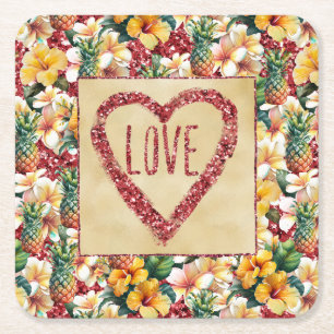Posavasos Cuadrado De Papel Corazón de amor Purpurina Rojo Floral Tropical Pin