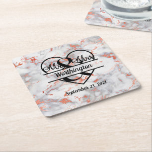 Posavasos Cuadrado De Papel Corazón de Boda Sr. y Sra. Mármol Rosa Dorado 