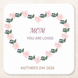Posavasos Cuadrado De Papel Corazón de Peonía Mamá Eres Amada Arte Floral