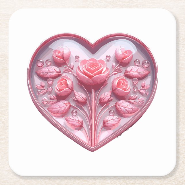 Posavasos Cuadrado De Papel Corazón de Rosas (Anverso)